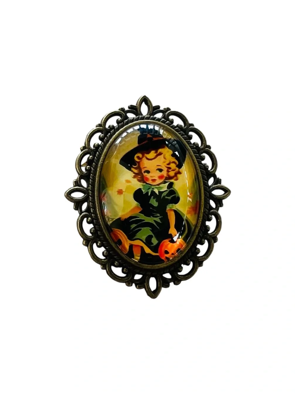 Vintage-Style 1950s Halloween Witch Girl Brooch Pin – Antiqued Gold Tone